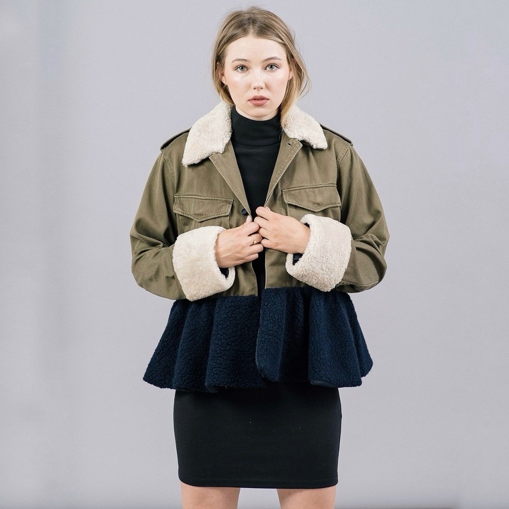 Harvey Faircloth Olive Green Wool Blend Peplum Utility Jacket Shearling Collar S